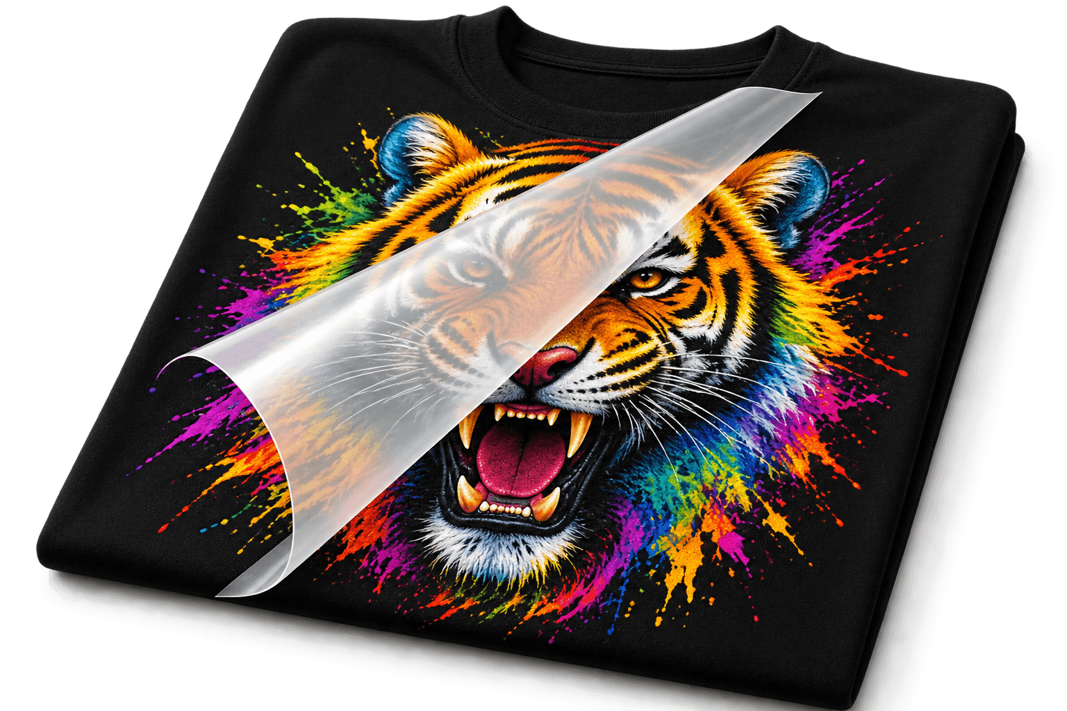 Colorful DTF transfer design peeling off a black shirt